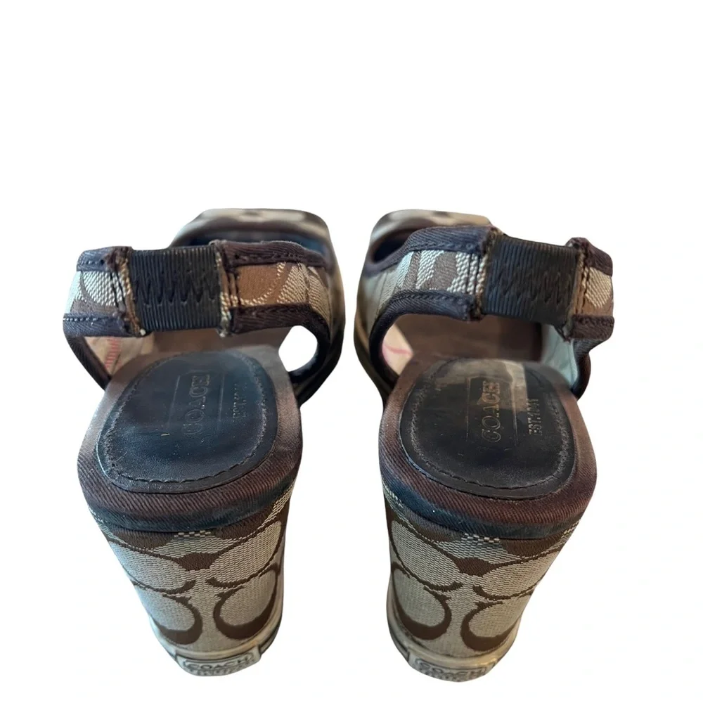 Women’s Genuine Coach Sydney Monogram Peep Toe Wedges 8.5 Brown Tan - Picture 7 of 15